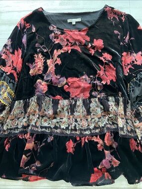 John Mark Black Velvet Blouse with Red Floral Print